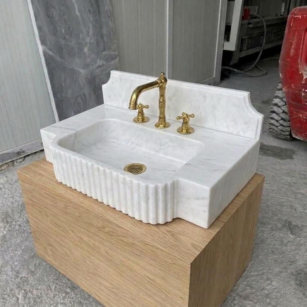 Fluted Marble Sink With Backsplash, Carrara White, Counter Top Basin, Made to Order — Isometric view from front right