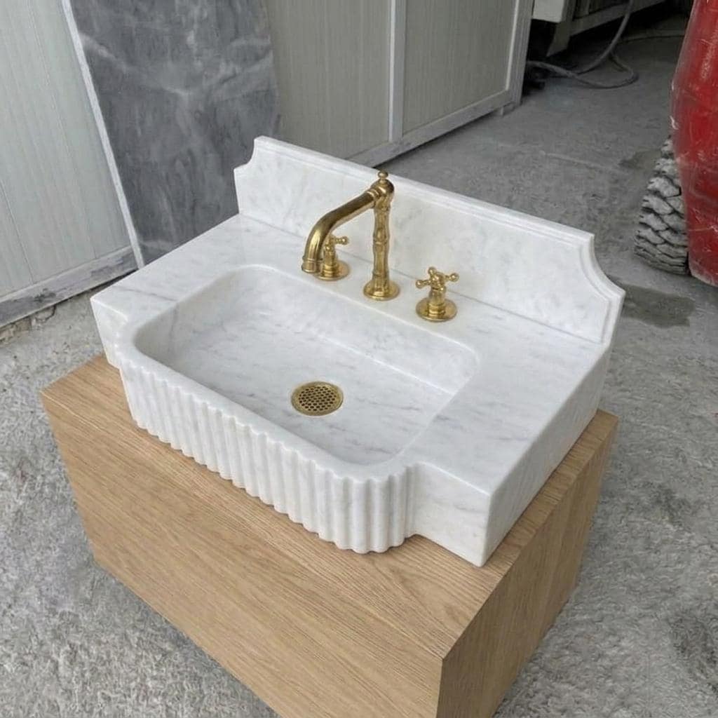 Fluted Marble Sink With Backsplash, Carrara White, Counter Top Basin, Made to Order — High angle front view  45 degrees