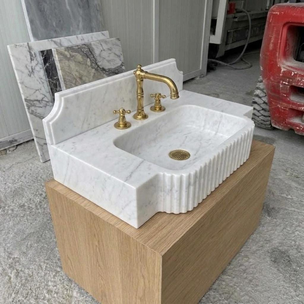 Fluted Marble Sink With Backsplash, Carrara White, Counter Top Basin, Made to Order — High angle side view  45 degrees