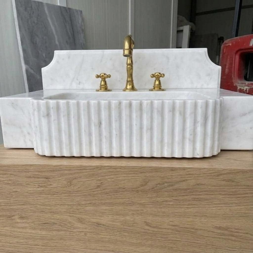 Fluted Marble Sink With Backsplash, Carrara White, Counter Top Basin, Made to Order — Low angle front view