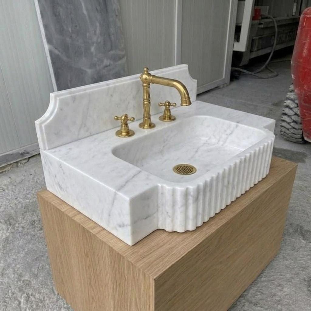 Fluted Marble Sink With Backsplash, Carrara White, Counter Top Basin, Made to Order — Three quarter view from front right