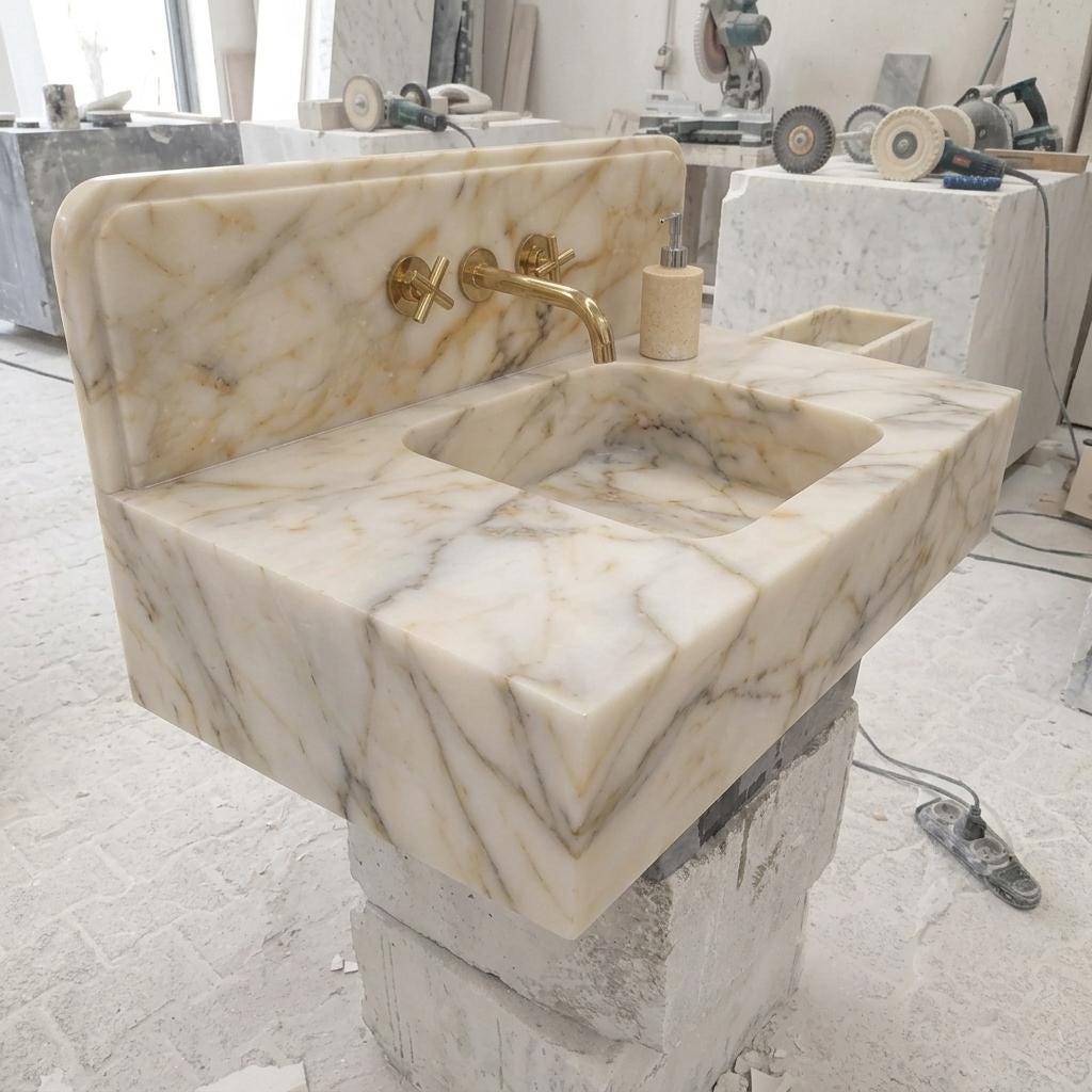 Honed Calacatta Gold Marble integrated counter sink with optional backsplash, showing bold amber and gold diagonal veining across the full front face, top deck, and basin interior, photographed in a Turkish stone workshop with brass wall-mount faucet