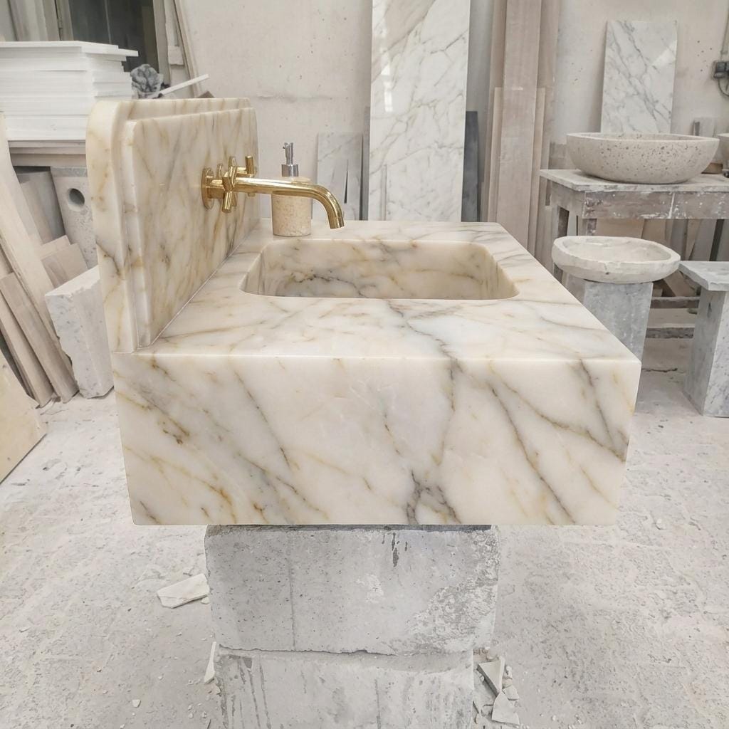 Integrated Counter Marble Sink — Calacatta Gold, Custom Carved with Backsplash Option — Left side view