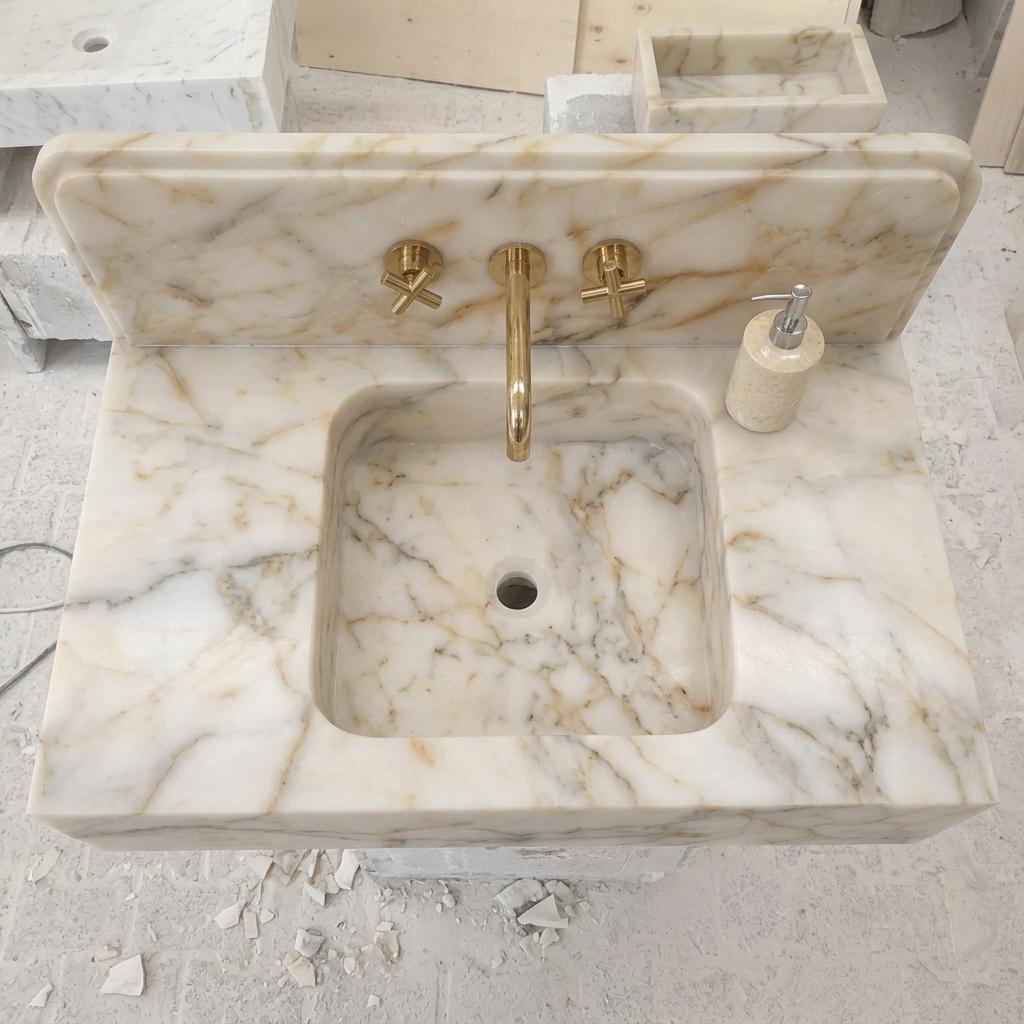 Integrated Counter Marble Sink — Calacatta Gold, Custom Carved with Backsplash Option — Top down view