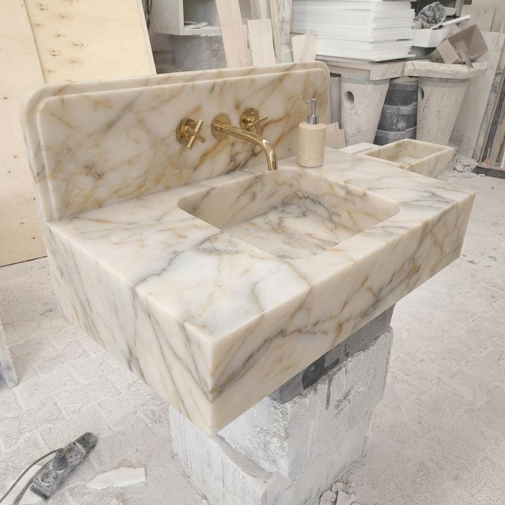 Integrated Counter Marble Sink — Calacatta Gold, Custom Carved with Backsplash Option — Isometric view from front left