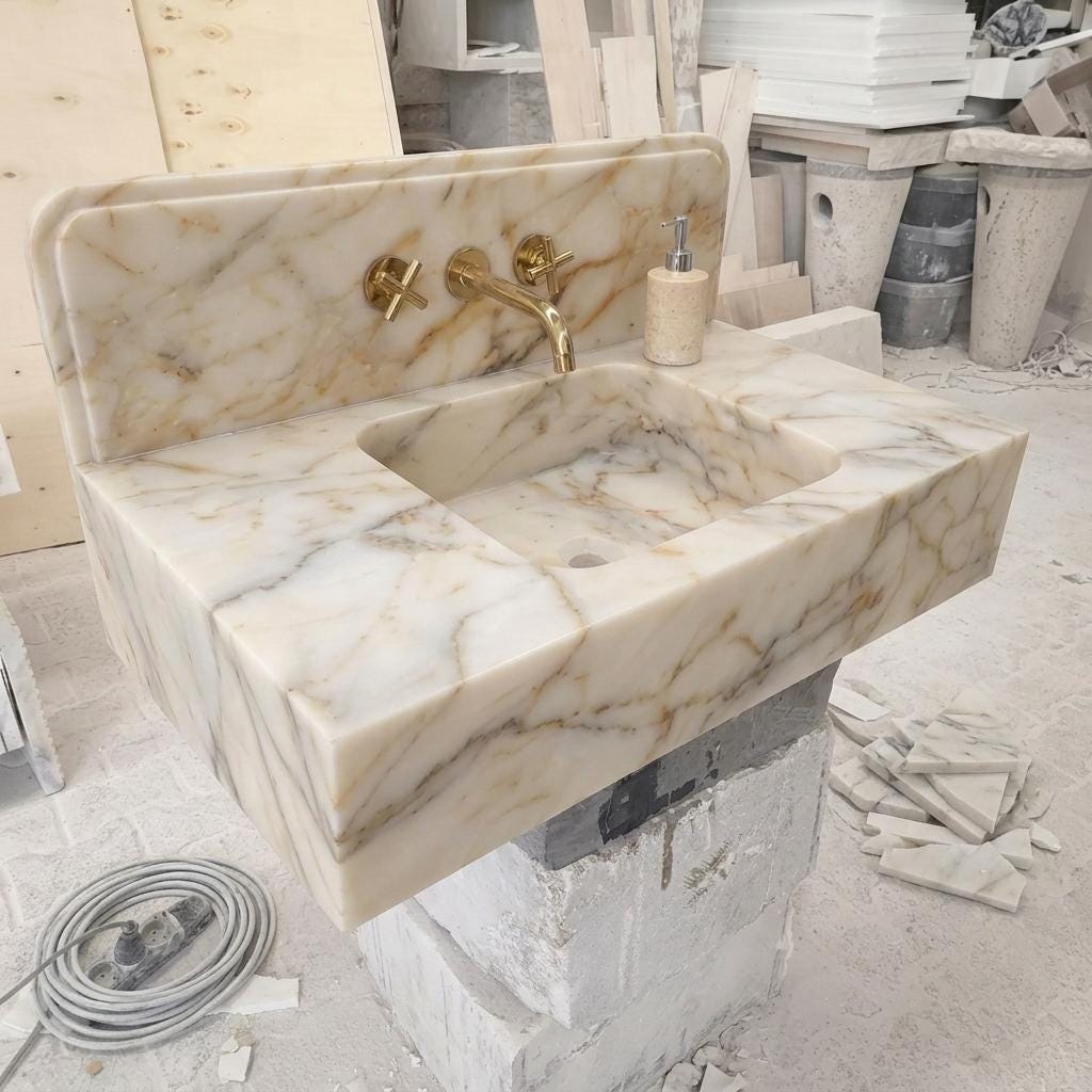 Integrated Counter Marble Sink — Calacatta Gold, Custom Carved with Backsplash Option — Isometric view from front right