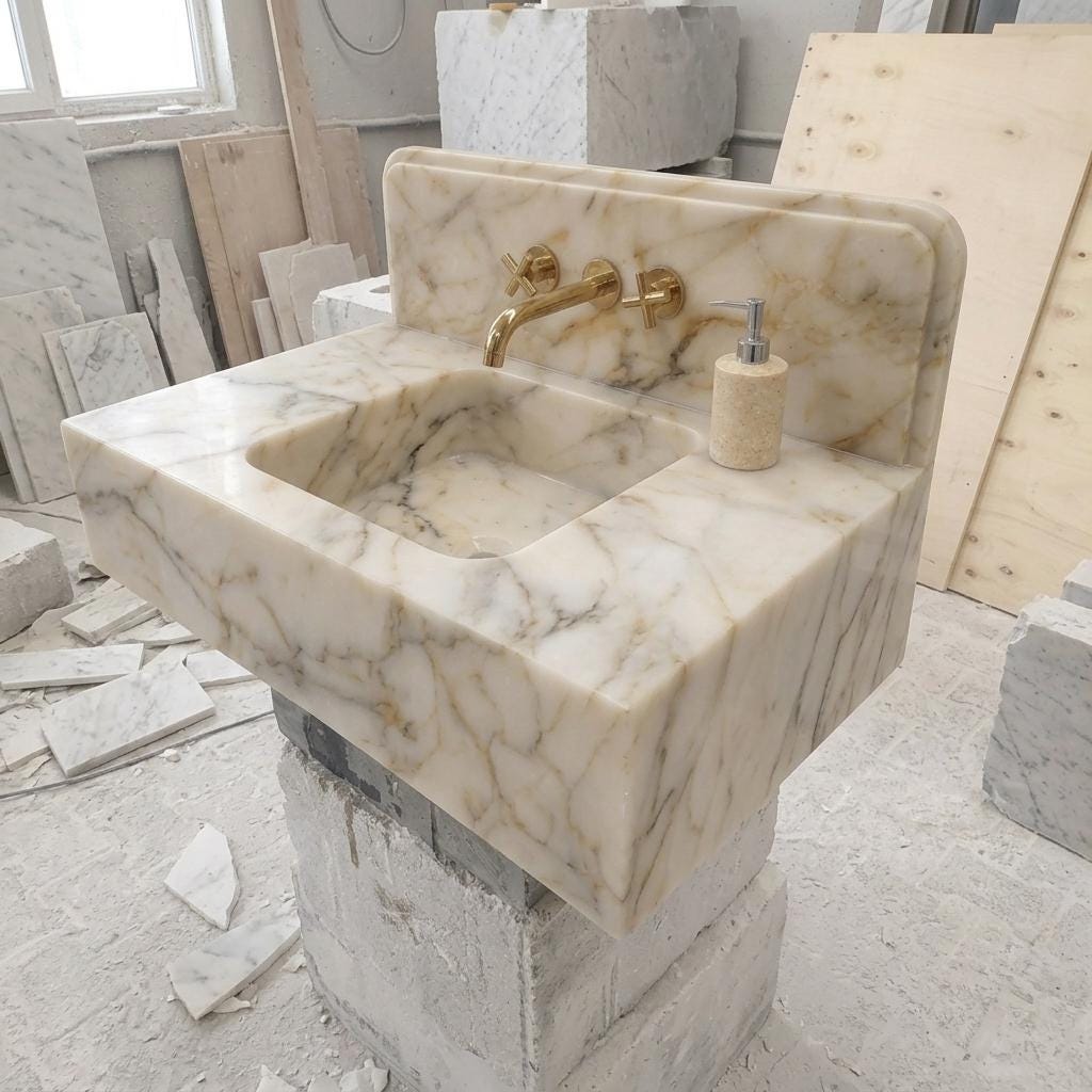 Integrated Counter Marble Sink — Calacatta Gold, Custom Carved with Backsplash Option — High angle side view  45 degrees