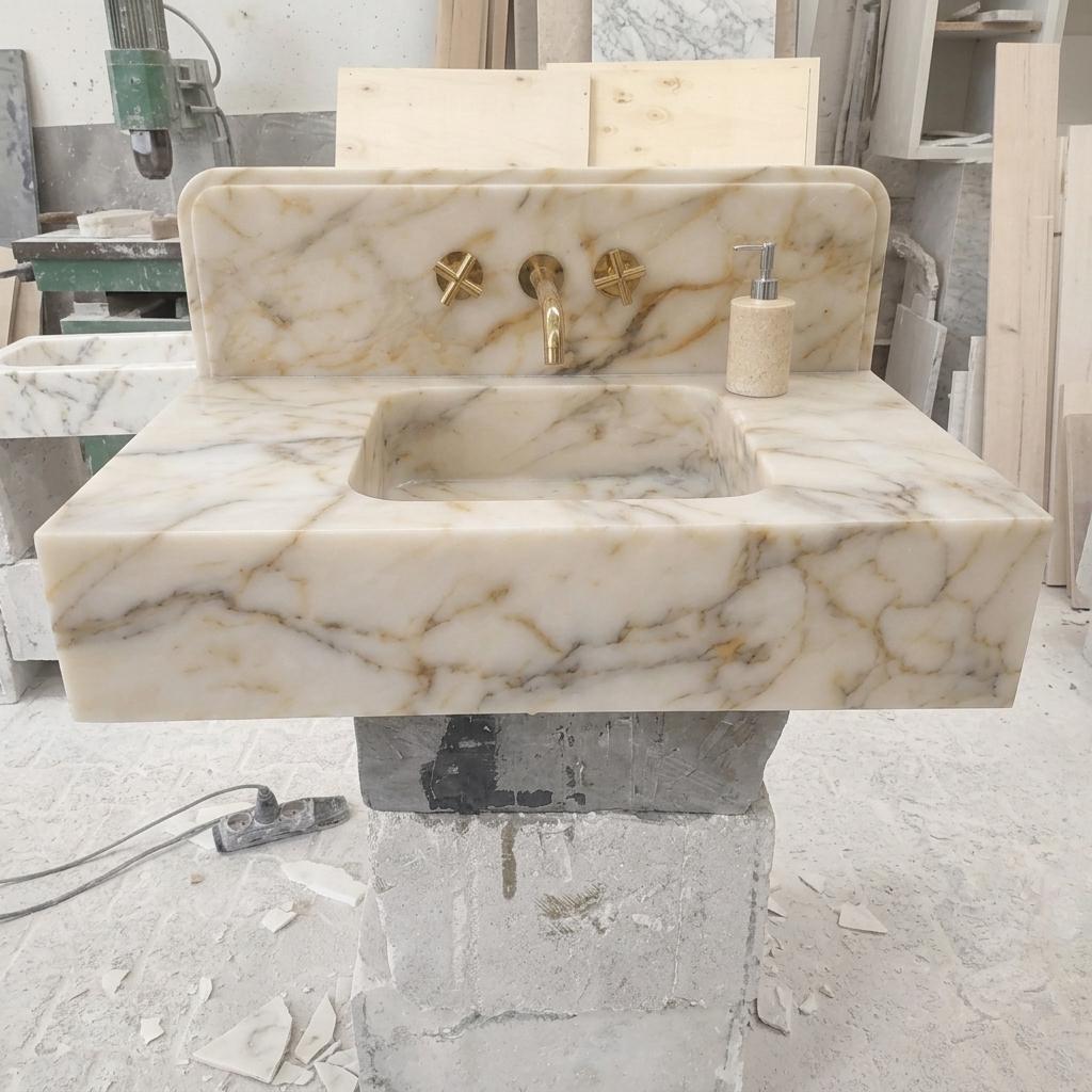 Integrated Counter Marble Sink — Calacatta Gold, Custom Carved with Backsplash Option — Low angle front view