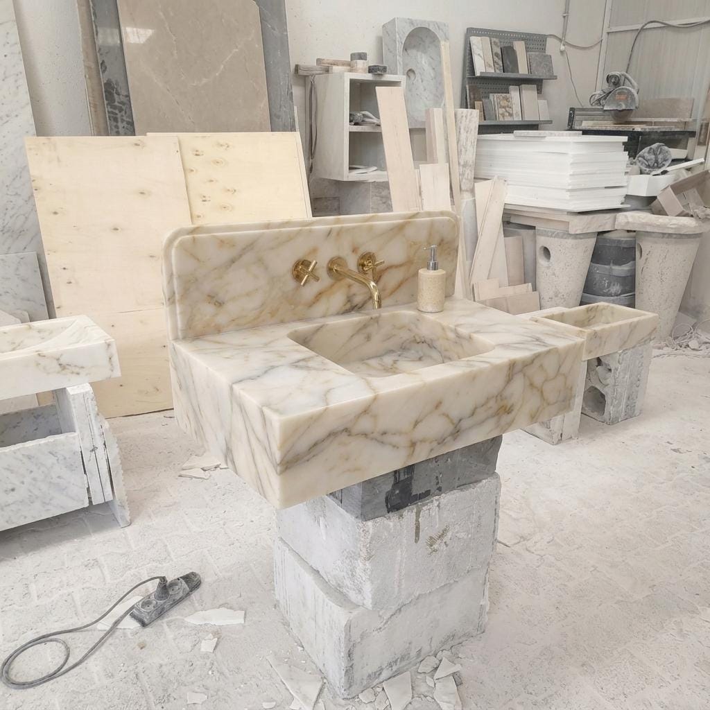 Integrated Counter Marble Sink — Calacatta Gold, Custom Carved with Backsplash Option — Wide shot showing the full object