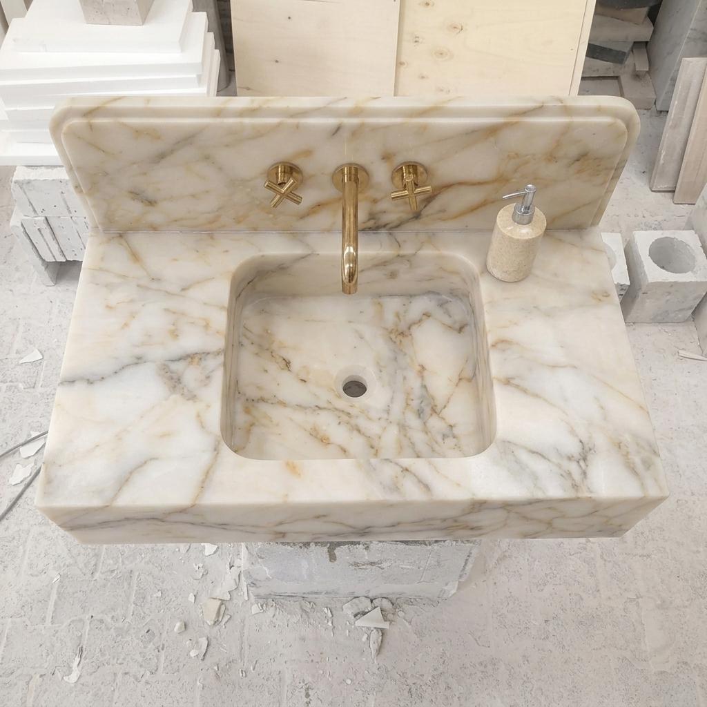 Integrated Counter Marble Sink — Calacatta Gold, Custom Carved with Backsplash Option — Bird s eye view looking down