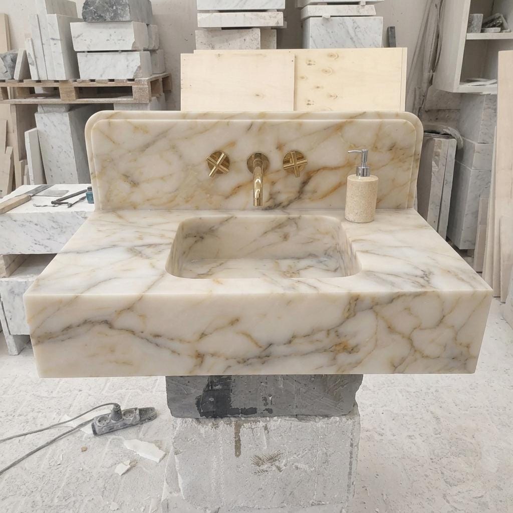 Integrated Counter Marble Sink — Calacatta Gold, Custom Carved with Backsplash Option — Eye level view straight on