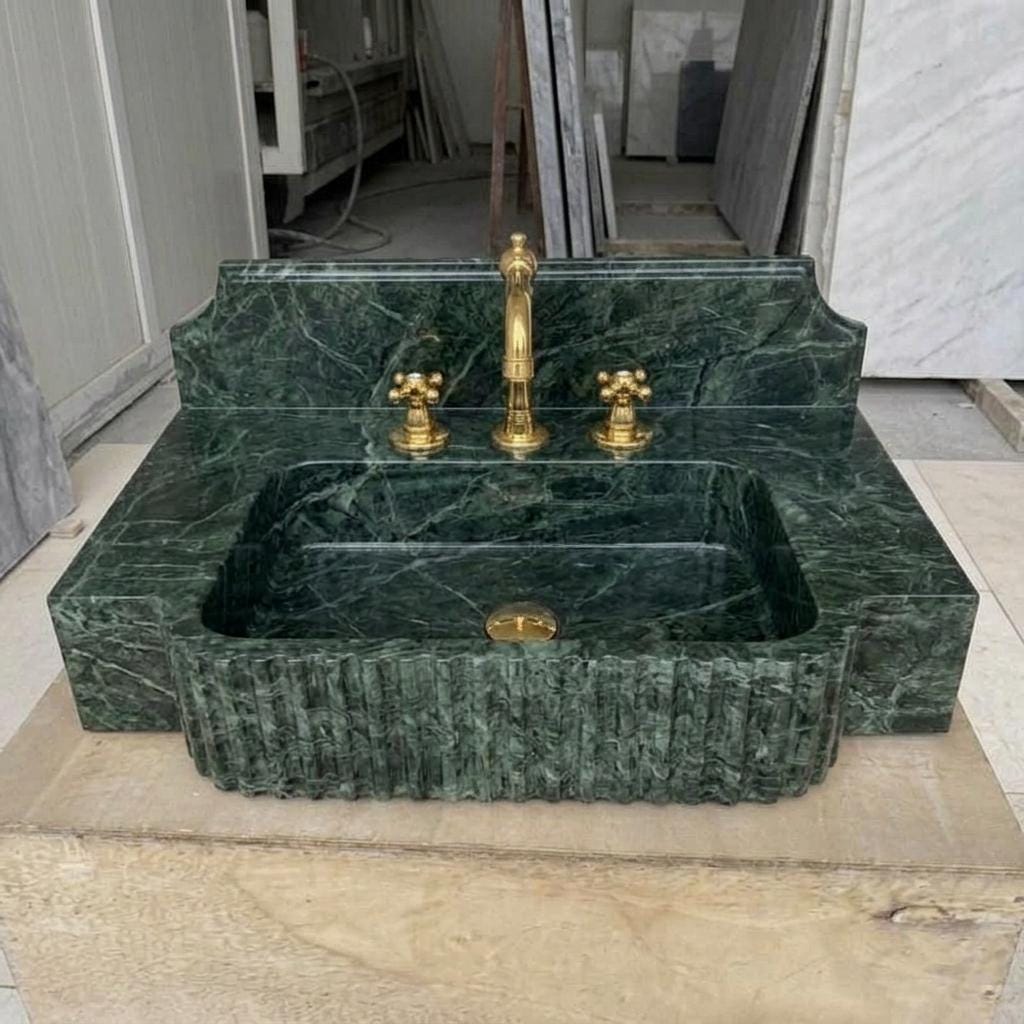 Fluted Apron Verde Marble Sink with Integrated Counter & Optional Backsplash, Artisan Made — Front view