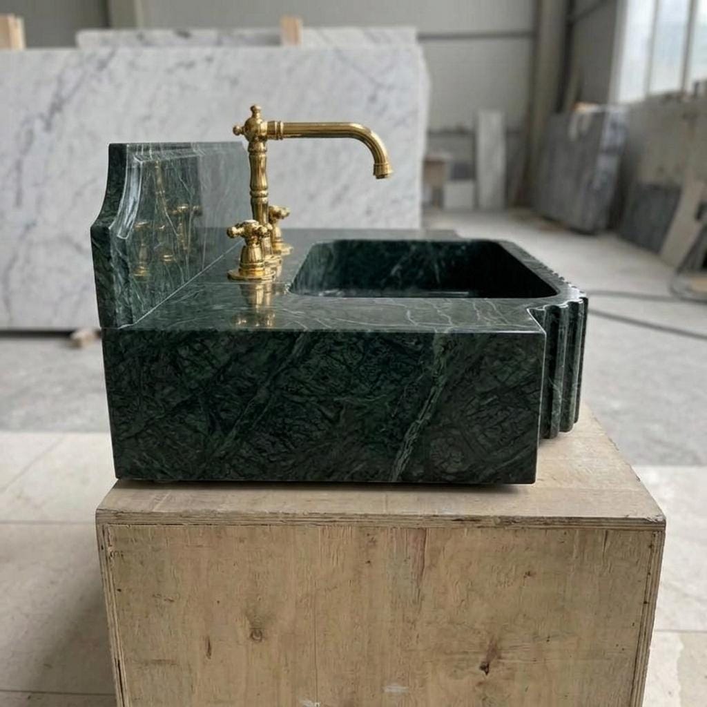 Fluted Apron Verde Marble Sink with Integrated Counter & Optional Backsplash, Artisan Made — Left side view