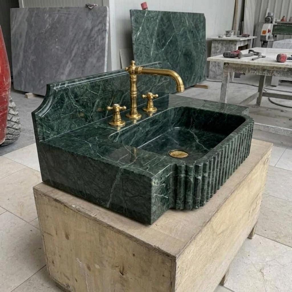 Fluted Apron Verde Marble Sink with Integrated Counter & Optional Backsplash, Artisan Made — Right side view