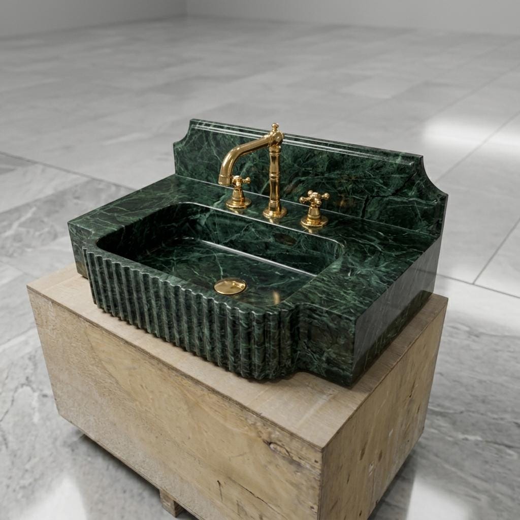 Fluted Apron Verde Marble Sink with Integrated Counter & Optional Backsplash, Artisan Made — Isometric view from front right