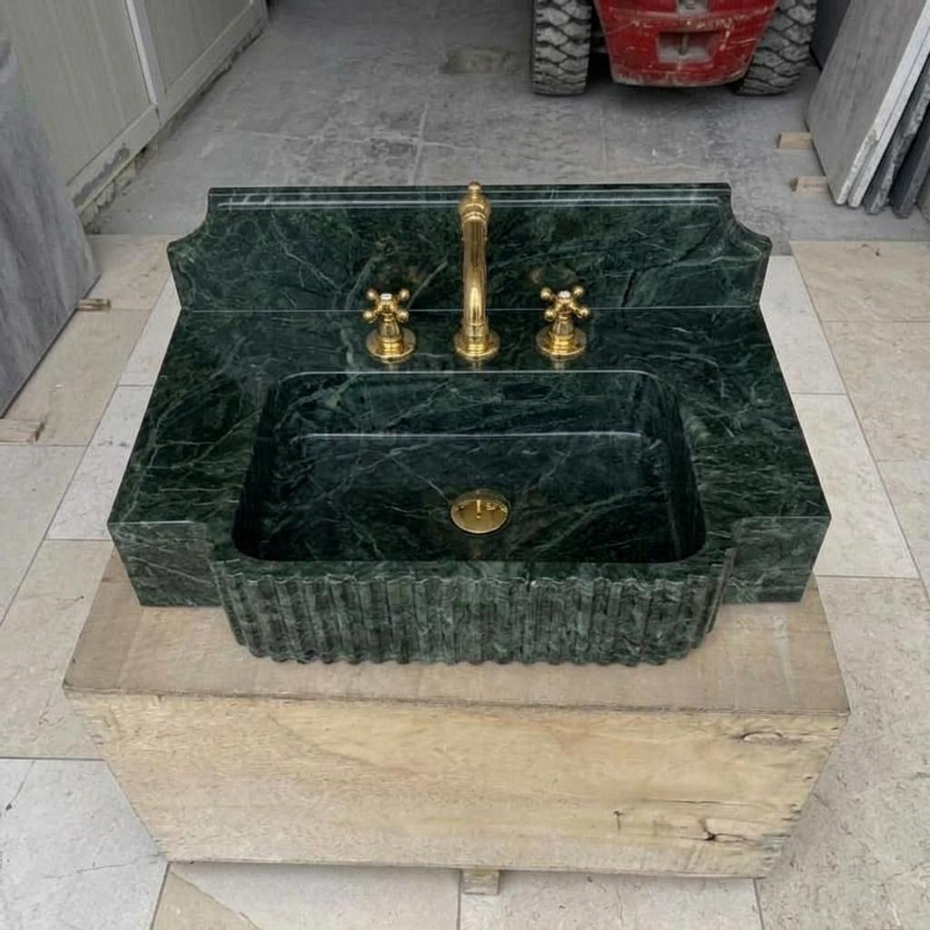 Fluted Apron Verde Marble Sink with Integrated Counter & Optional Backsplash, Artisan Made — High angle front view  45 degrees