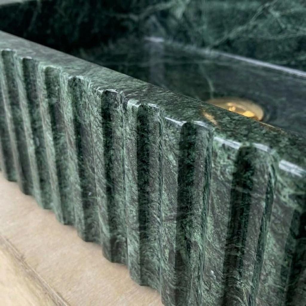 Fluted Apron Verde Marble Sink with Integrated Counter & Optional Backsplash, Artisan Made — Close up detail of the marble texture