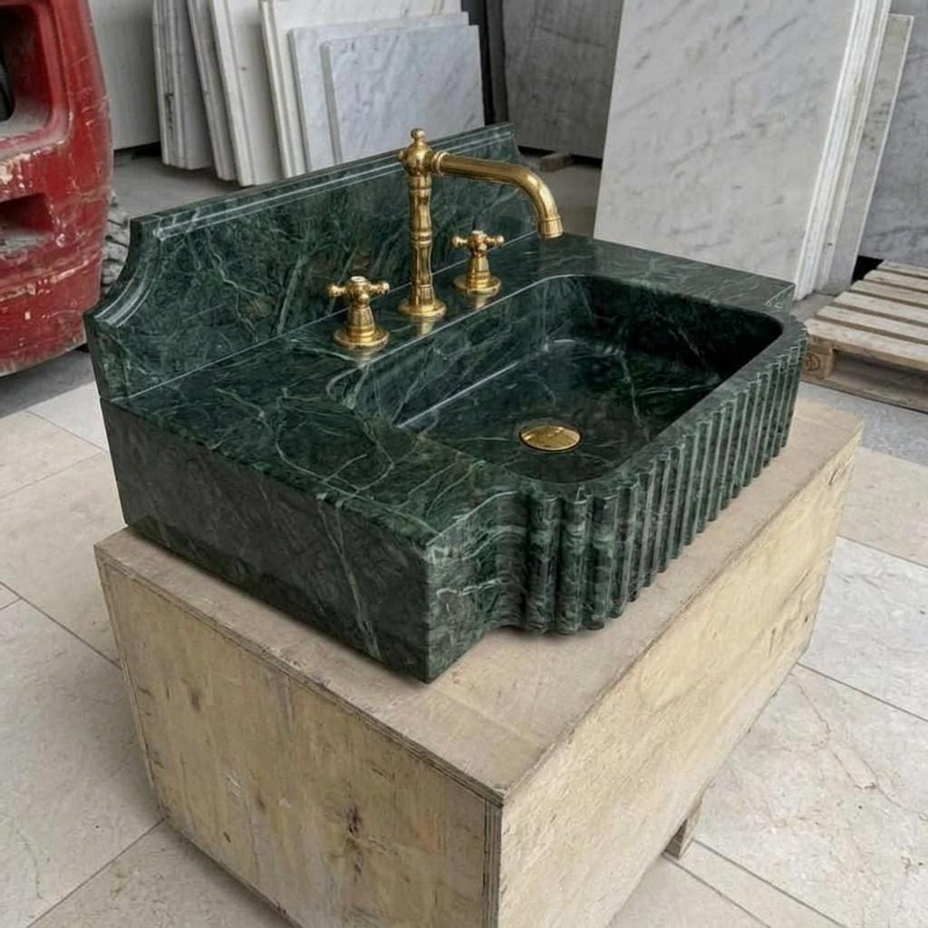 Fluted Apron Verde Marble Sink with Integrated Counter & Optional Backsplash, Artisan Made — Three quarter view from front right