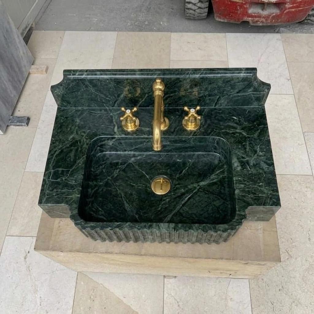 Fluted Apron Verde Marble Sink with Integrated Counter & Optional Backsplash, Artisan Made — Bird s eye view looking down