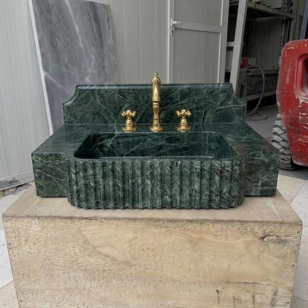 Fluted Apron Verde Marble Sink with Integrated Counter & Optional Backsplash, Artisan Made — Eye level view straight on