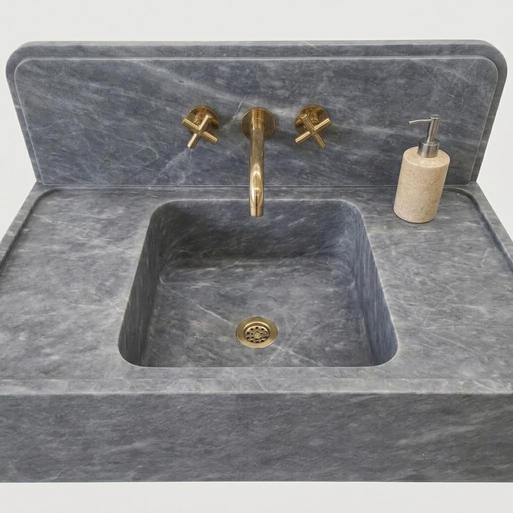 Integrated Counter Marble Sink with Backsplash | Thundra Gray | Hand Carved | Made to Orde — Front view