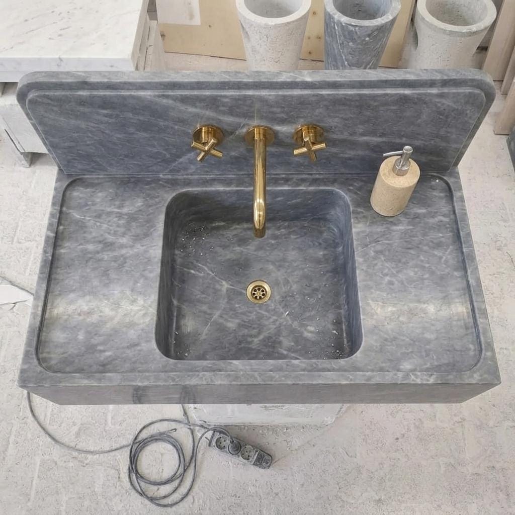 Integrated Counter Marble Sink with Backsplash | Thundra Gray | Hand Carved | Made to Orde — Top down view