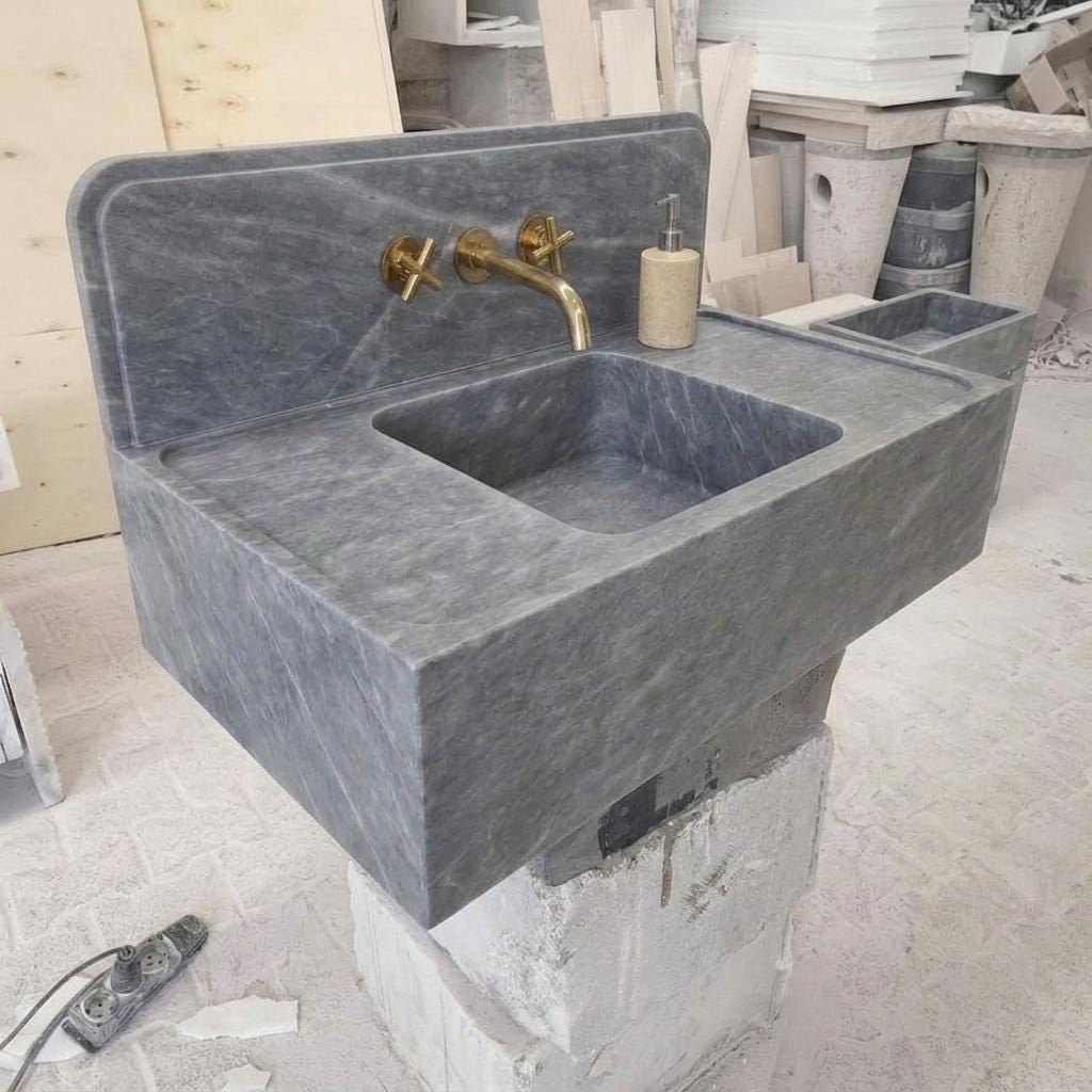 Integrated Counter Marble Sink with Backsplash | Thundra Gray | Hand Carved | Made to Orde — Isometric view from front left