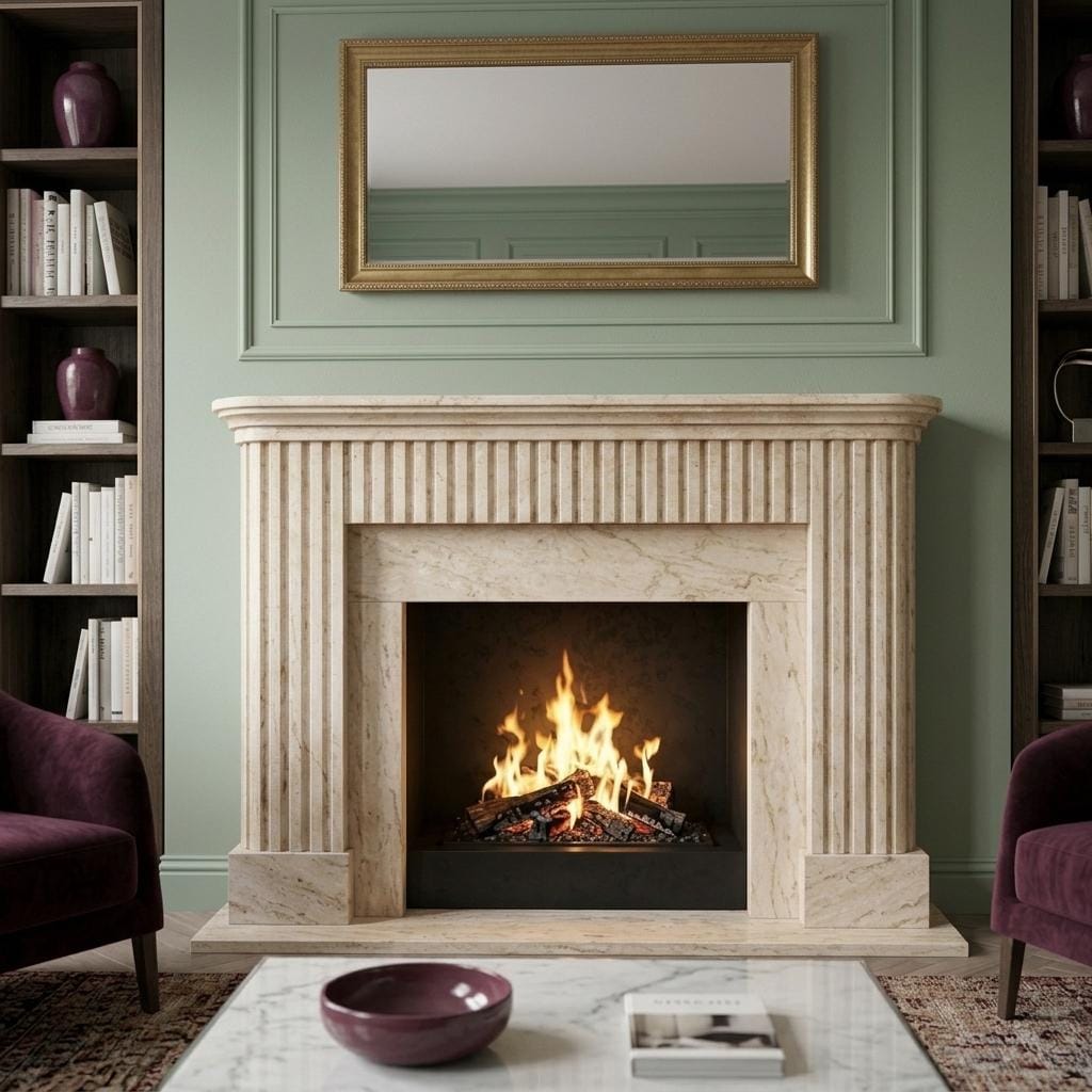 Living Room Fireplace Surround Beige Travertine Marble Mantel Fluted Hand Carved Custom St — Front view
