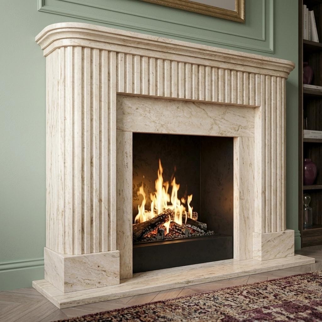 Living Room Fireplace Surround Beige Travertine Marble Mantel Fluted Hand Carved Custom St — Three quarter view from front right