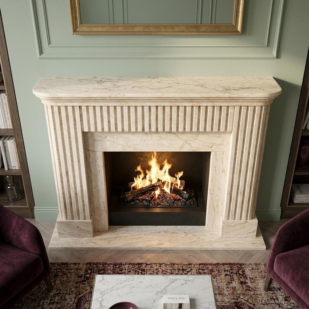 Living Room Fireplace Surround Beige Travertine Marble Mantel Fluted Hand Carved Custom St — High angle front view  45 degrees