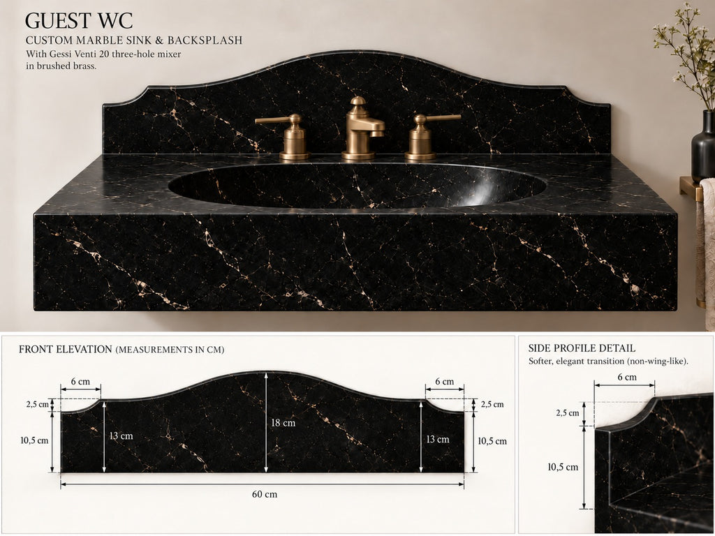 Custom black marble guest WC sink with arched backsplash and Gessi Venti 20 brushed brass mixer – render and front elevation with dimensions