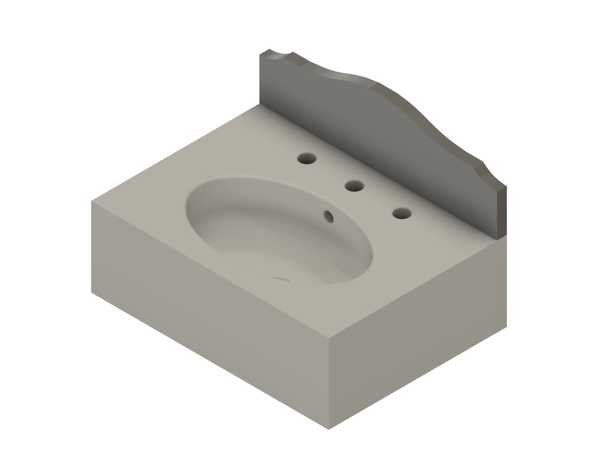3D drawing – black marble sink with integral arched backsplash, oval basin, 3 tap holes