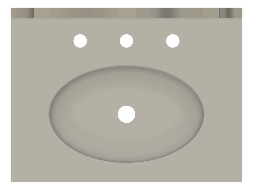 Top view – oval basin 400 x 250 mm, 3 tap holes at 120 mm centres, central drain