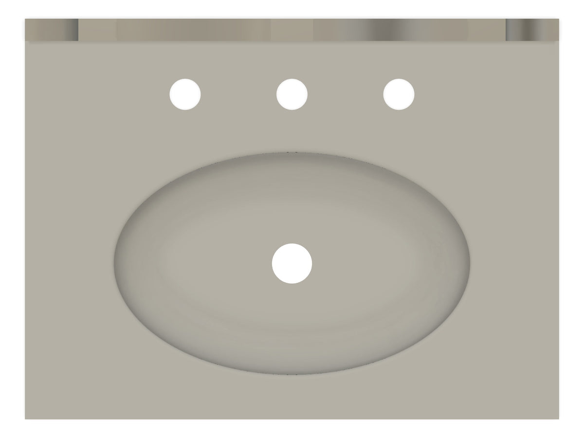 Top view – oval basin 400 x 250 mm, 3 tap holes at 120 mm centres, central drain